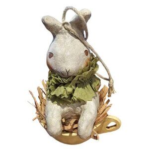 Nicol Sayre Easter Bunny Rabbit in Tea Cup Ornament Holiday Figure Green RARE 4"